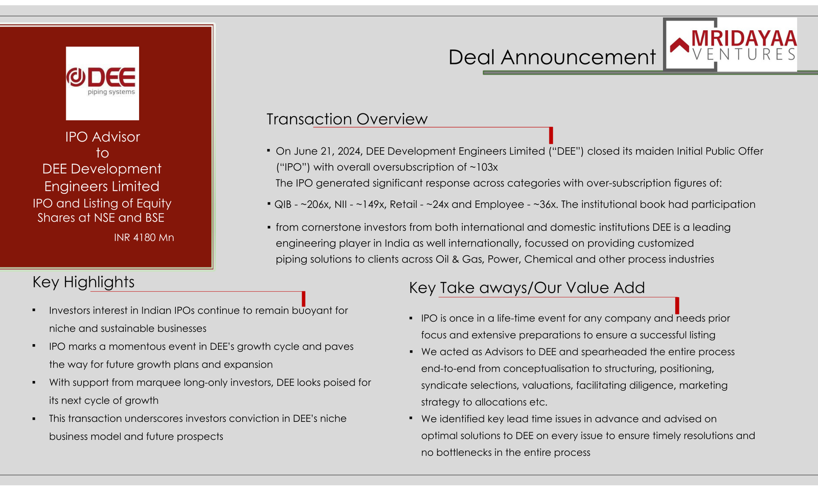 Investors interest in Indian IPOs continue to remain buoyant for niche and sustainable businesses IPO marks a momentous event in DEE’s growth cycle and paves the way for future growth plans and ex